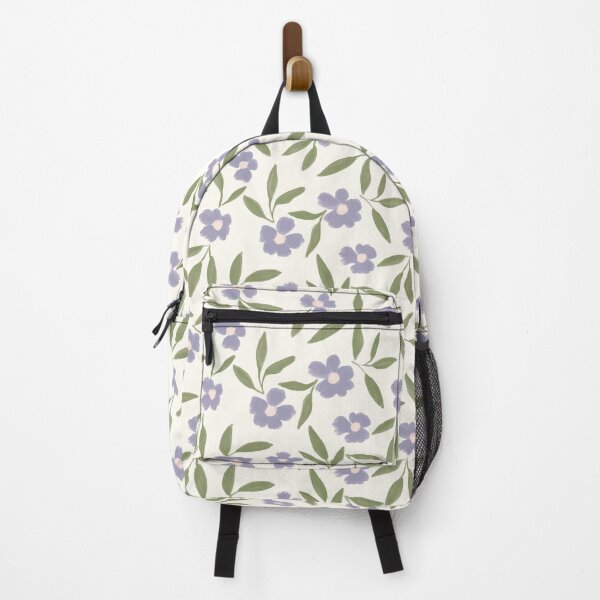 Item preview, Purple painterly brushstroke flowers and green leaves on cream pattern designed and sold by PrettywithColor.