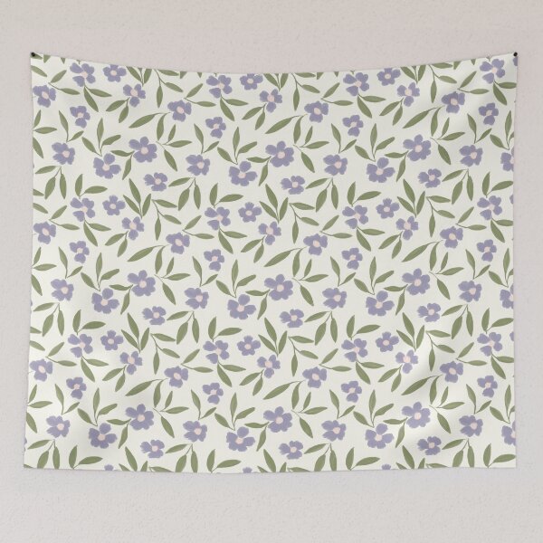 Item preview, Purple painterly brushstroke flowers and green leaves on cream pattern designed and sold by PrettywithColor.