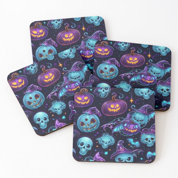 Item preview, Futuristic Halloween Seamless Pattern – Neon Pumpkins, Cyber Ghosts & Robotic Bats designed and sold by TheArtOfChaa.
