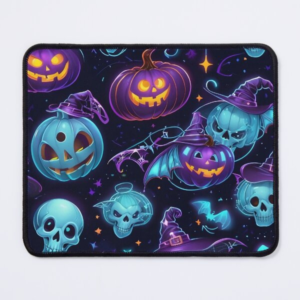 Item preview, Futuristic Halloween Seamless Pattern – Neon Pumpkins, Cyber Ghosts & Robotic Bats designed and sold by TheArtOfChaa.