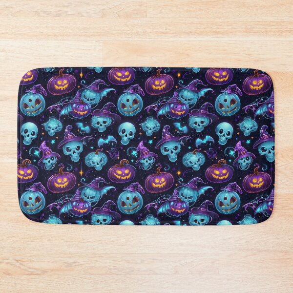 Item preview, Futuristic Halloween Seamless Pattern – Neon Pumpkins, Cyber Ghosts & Robotic Bats designed and sold by TheArtOfChaa.