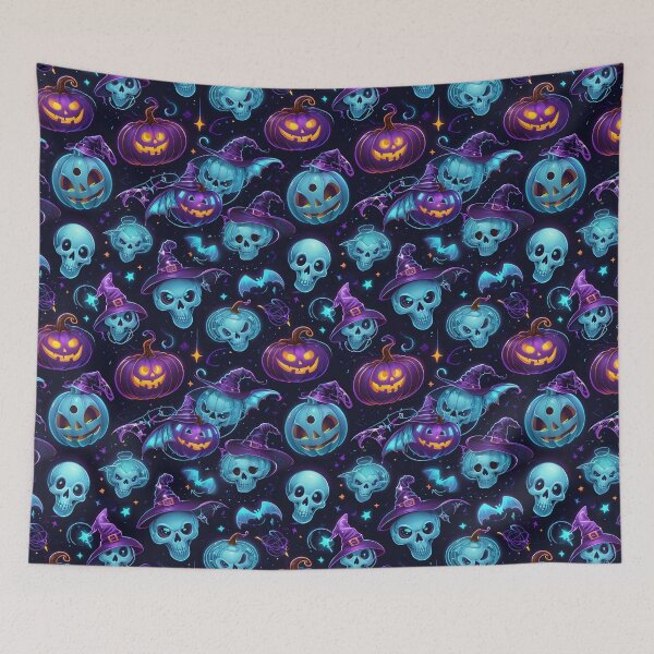 Item preview, Futuristic Halloween Seamless Pattern – Neon Pumpkins, Cyber Ghosts & Robotic Bats designed and sold by TheArtOfChaa.