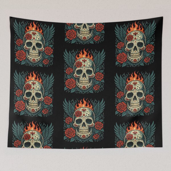 Item preview, Winged Skull with Fiery Roses designed and sold by LaNadaYFundante.