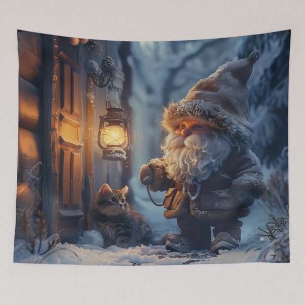 Item preview, Winter Gnome and Cat – Visitor in the Snow designed and sold by Erika Kaisersot.