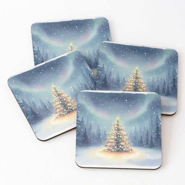 Item preview, Winter Forest Scene with Lit Christmas Tree and Northern Lights Watercolor designed and sold by homydesign.
