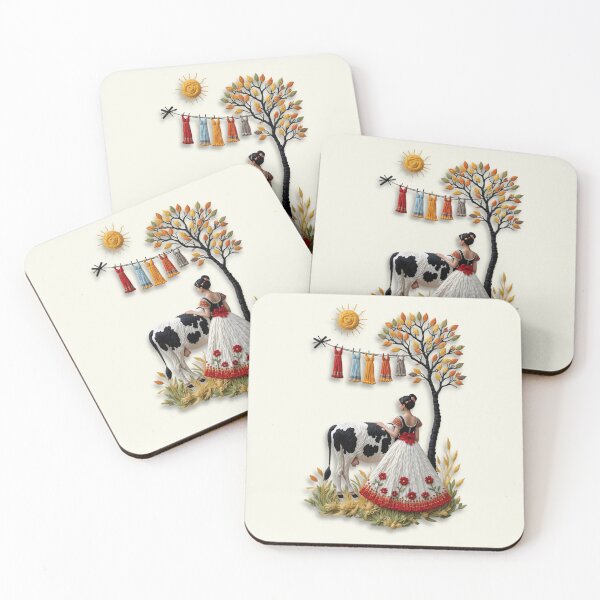 Item preview, Faux Embroidery Yarn Art: Peasant Woman, Cow, and Clothesline Wall Art designed and sold by tarzbol.