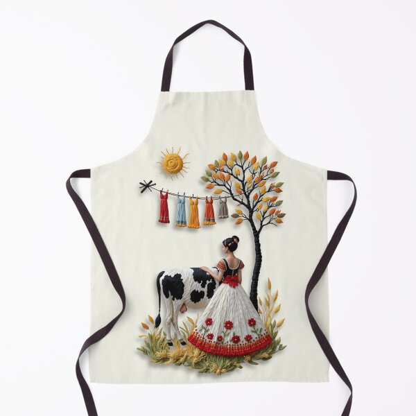 Item preview, Faux Embroidery Yarn Art: Peasant Woman, Cow, and Clothesline Wall Art designed and sold by tarzbol.