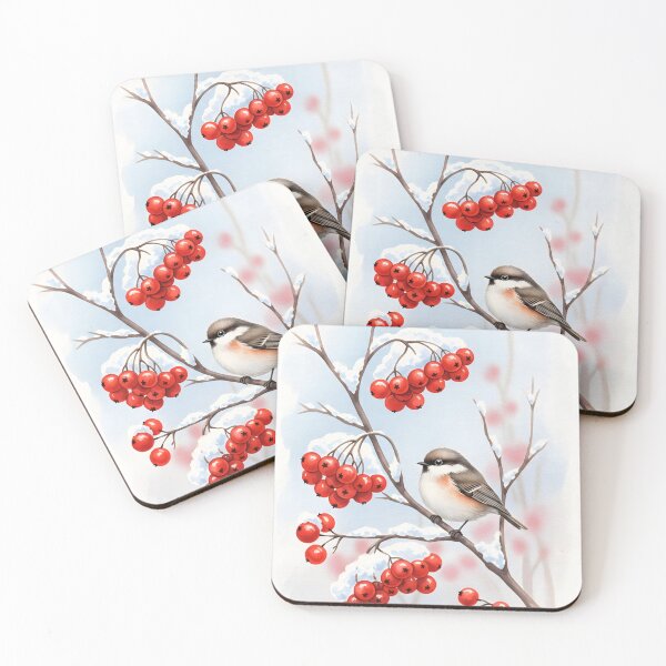 Item preview, Watercolor painting of a small tit bird perched on snowy rowan branches designed and sold by homydesign.