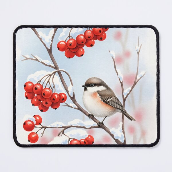 Item preview, Watercolor painting of a small tit bird perched on snowy rowan branches designed and sold by homydesign.