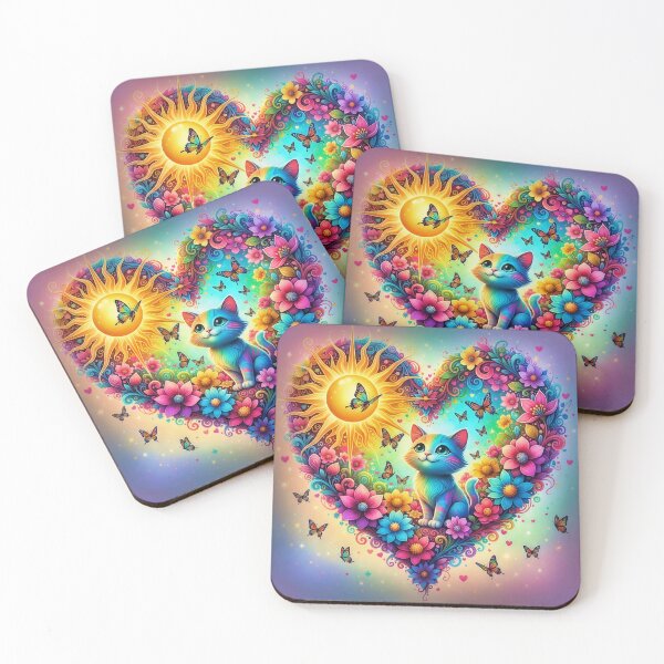 Item preview, Magical Rainbow Cat in Heart of Flowers with Sun and Butterflies designed and sold by Pixel Pout.