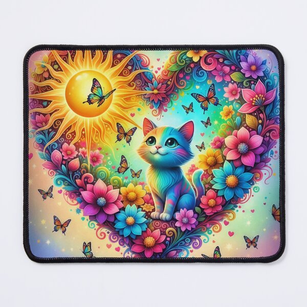 Item preview, Magical Rainbow Cat in Heart of Flowers with Sun and Butterflies designed and sold by Pixel Pout.