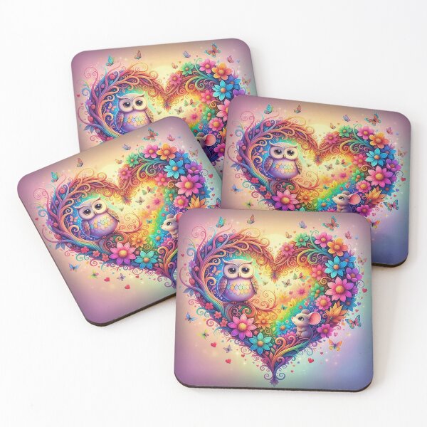 Item preview, Rainbow Owl and Mouse in Heart of Flowers with Butterflies designed and sold by Pixel Pout.