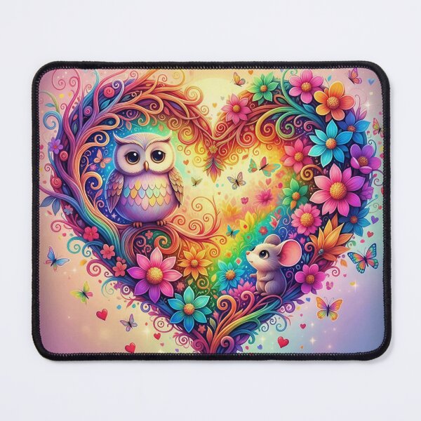Item preview, Rainbow Owl and Mouse in Heart of Flowers with Butterflies designed and sold by Pixel Pout.