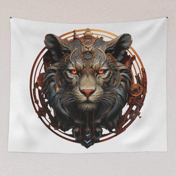 Item preview, Mechanical Tiger with Fiery Eyes and Ornate Bronze Halo designed and sold by Daagath.