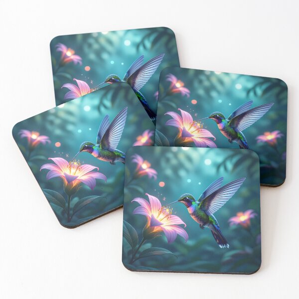 Item preview, A luminous hummingbird hovers near a glowing pink lily in a magical forest, its iridescent feathers shimmering brightly designed and sold by homydesign.