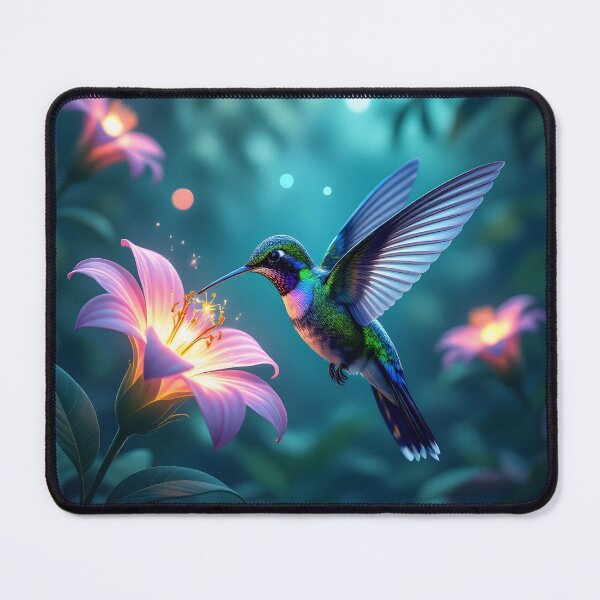 Item preview, A luminous hummingbird hovers near a glowing pink lily in a magical forest, its iridescent feathers shimmering brightly designed and sold by homydesign.