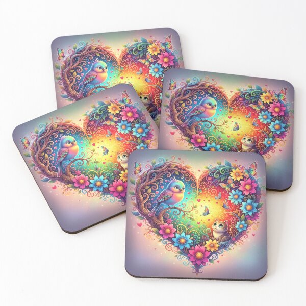 Item preview, Rainbow Bird and Cat in Heart of Flowers with Butterflies designed and sold by Pixel Pout.