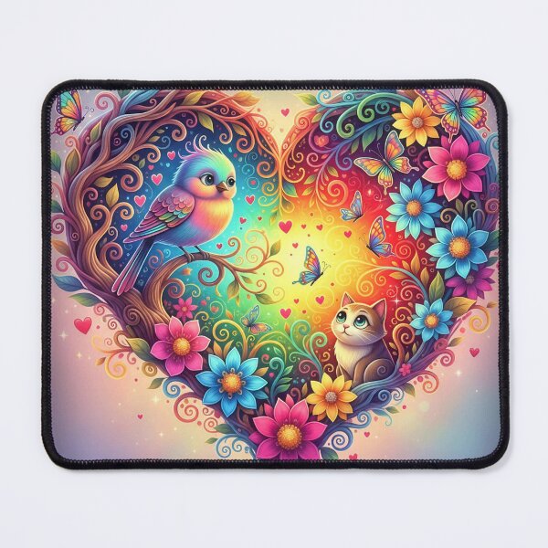 Item preview, Rainbow Bird and Cat in Heart of Flowers with Butterflies designed and sold by Pixel Pout.