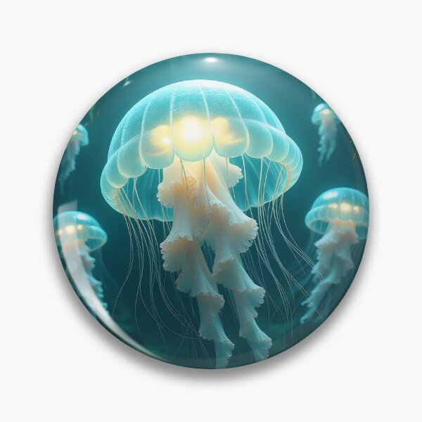 Item preview, Ethereal, glowing jellyfish float through an ancient, moss-covered archway, their light illuminating the mystical, overgrown cavern designed and sold by homydesign.