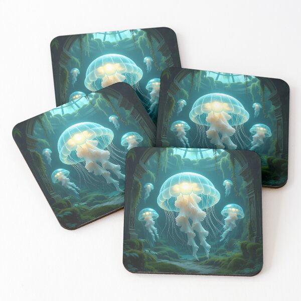 Item preview, Ethereal, glowing jellyfish float through an ancient, moss-covered archway, their light illuminating the mystical, overgrown cavern designed and sold by homydesign.