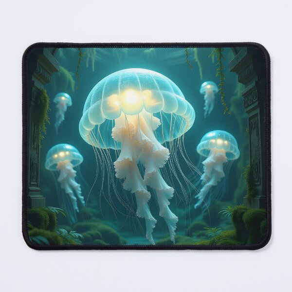 Item preview, Ethereal, glowing jellyfish float through an ancient, moss-covered archway, their light illuminating the mystical, overgrown cavern designed and sold by homydesign.