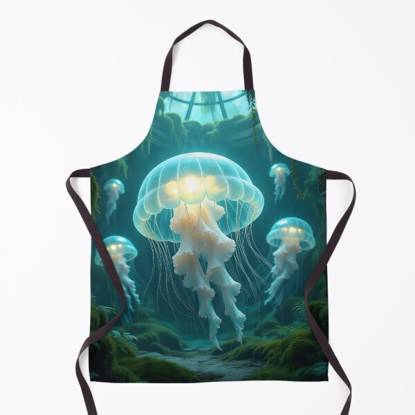 Item preview, Ethereal, glowing jellyfish float through an ancient, moss-covered archway, their light illuminating the mystical, overgrown cavern designed and sold by homydesign.