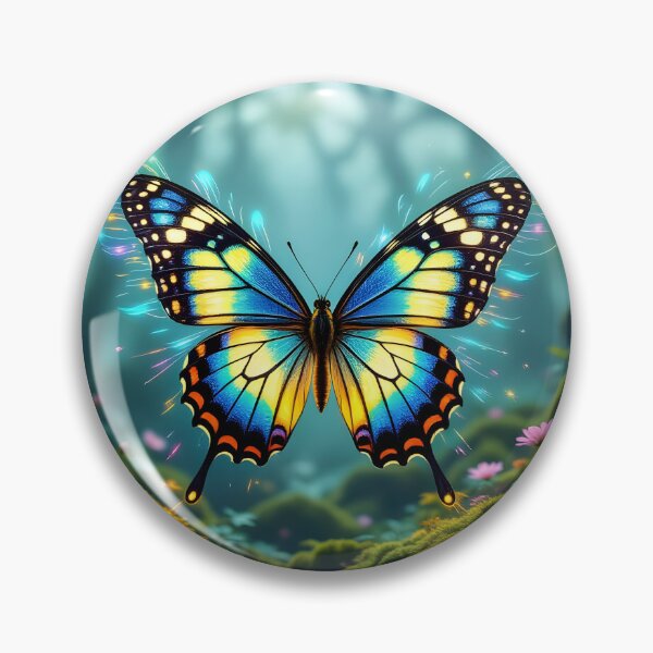 Item preview, A stunning butterfly with luminous blue and yellow wings is poised above a mossy forest path, surrounded by small pink flowers designed and sold by homydesign.