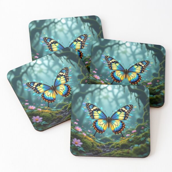 Item preview, A stunning butterfly with luminous blue and yellow wings is poised above a mossy forest path, surrounded by small pink flowers designed and sold by homydesign.