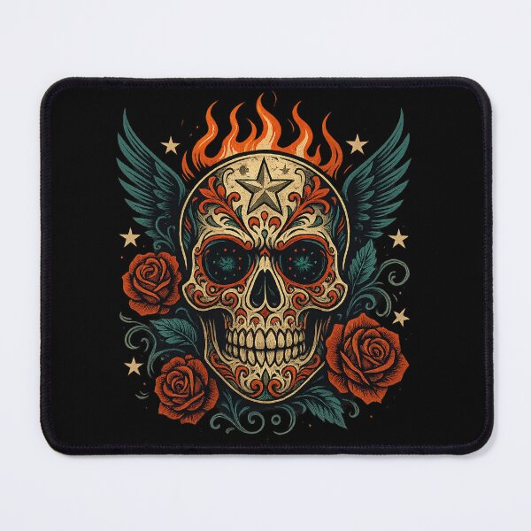 Item preview, Angled Winged Skull with Fiery Roses designed and sold by LaNadaYFundante.