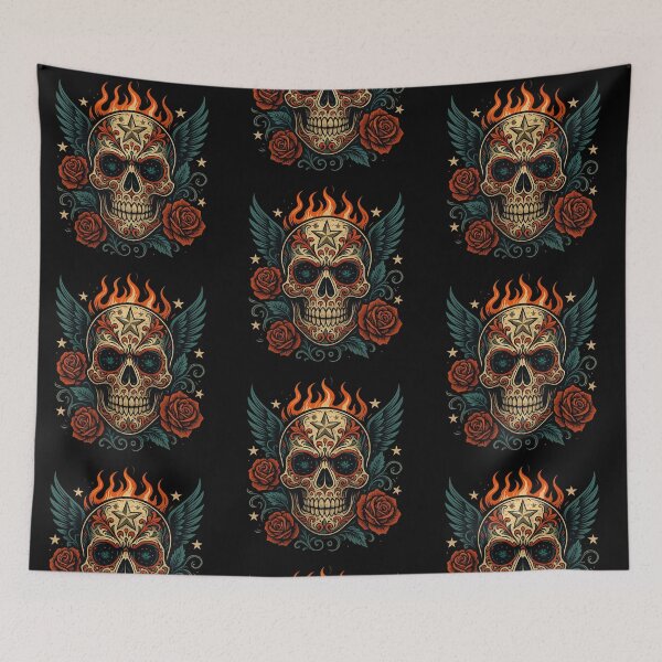 Item preview, Angled Winged Skull with Fiery Roses designed and sold by LaNadaYFundante.