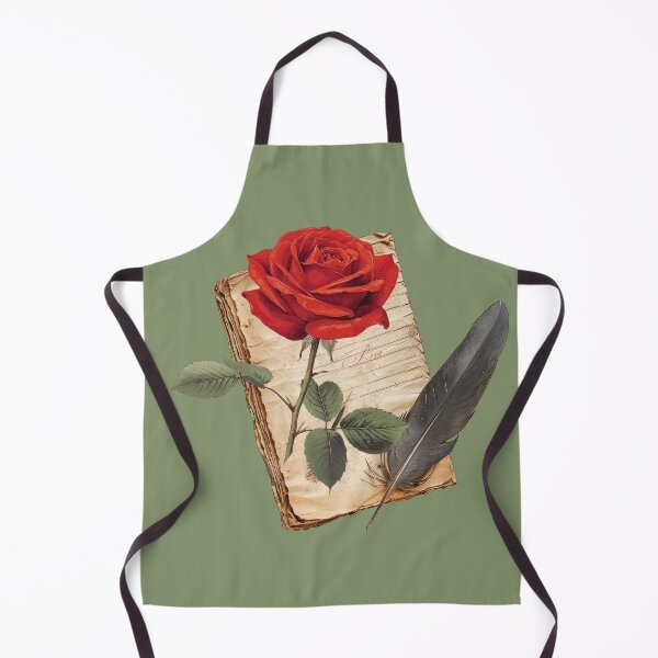 Artikelvorschau, Rosa | Stillleben mit roter Rose und Feder auf Vintage-Pergament mit Schrift entworfen und verkauft von ChristinePartlow.
