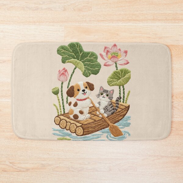Item preview, Cute Dog and Cat Rowing Raft Yarn Art Illustration designed and sold by tarzbol.
