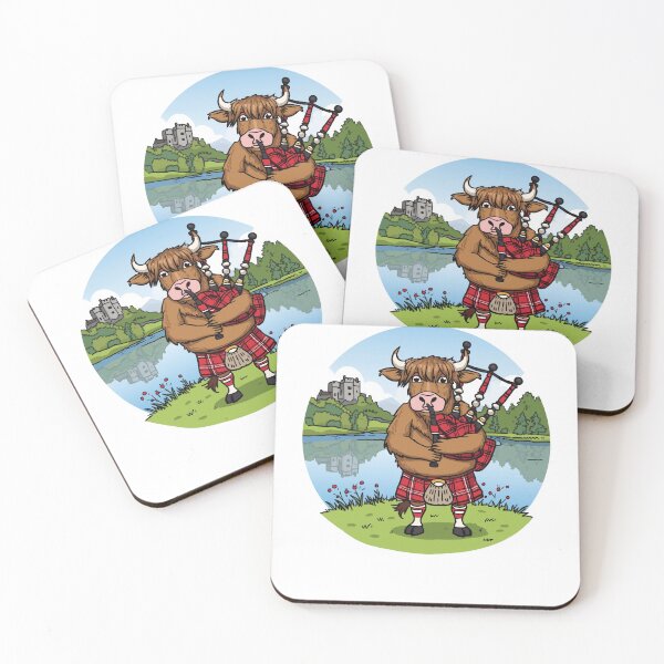 Item preview, Scottish Highland Cow Bagpipes Gift - Funny Piper Coo in Red Tartan Kilt designed and sold by Loom on the Loch.