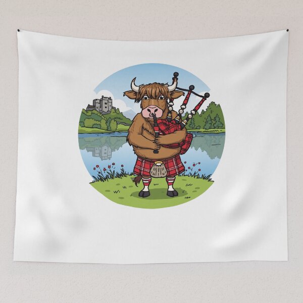 Item preview, Scottish Highland Cow Bagpipes Gift - Funny Piper Coo in Red Tartan Kilt designed and sold by Loom on the Loch.