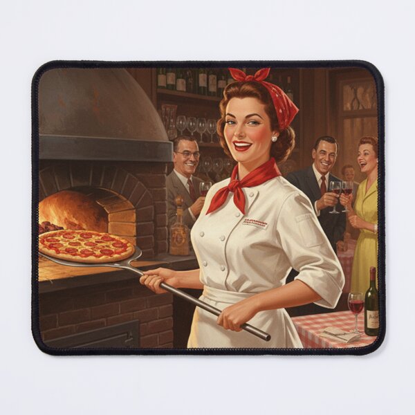 Item preview, "PIZZA PERFECTION IN EVERY SLICE!" – Vintage 1950s Italian Pizzeria Lady Chef Poster designed and sold by Cozy-Old-Pub.