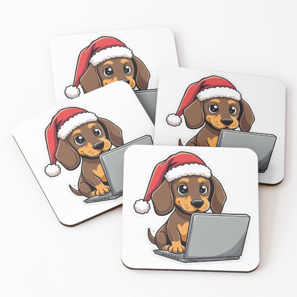 Artikelvorschau, Laptop mit Weihnachtsmannmütze und Dackelmotiv | Weihnachtlicher Technik-Hundeaufkleber entworfen und verkauft von ColoredPanda.