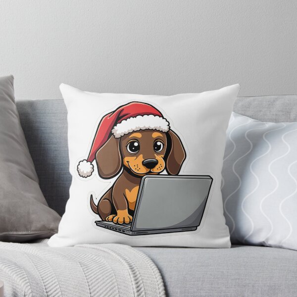 Artikelvorschau, Laptop mit Weihnachtsmannmütze und Dackelmotiv | Weihnachtlicher Technik-Hundeaufkleber entworfen und verkauft von Dev Life Designs.