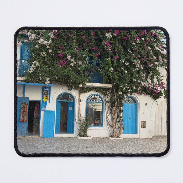 Item preview, Blue doors and bougainvillea—Houmt Souk at its finest.” “Djerba’s colors never disappoint. Tunisia designed and sold by Zaitmiprints.