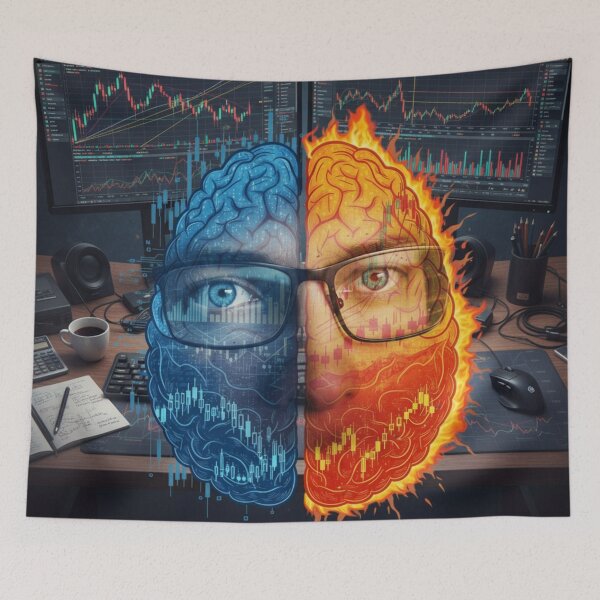 Item preview, Cold Logic vs. Hot Instinct — The Dual Mind of a Trader designed and sold by AmberHorizon7.