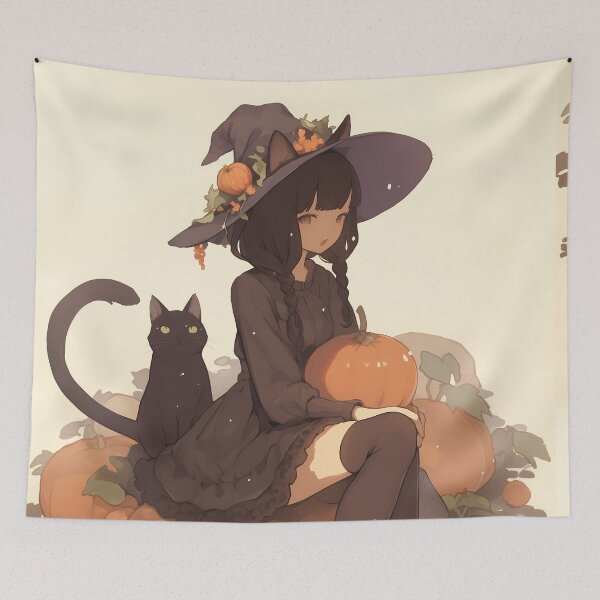 Item preview, Autumn Witch & Black Cat – Cozy Pumpkin Patch Illustration designed and sold by Skolyak.
