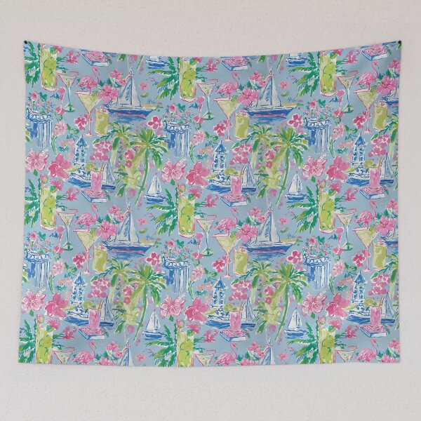 Item preview, Preppy Palm Beach toile with flamingo, cocktail drinks, yachts, umbrellas designed and sold by SophieClimaArt.