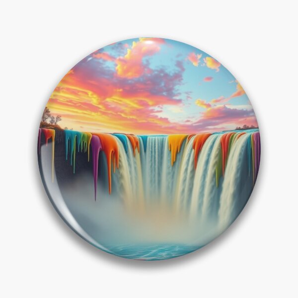 Item preview, Rainbow Paint Drip Waterfall at Sunset - Surreal Fantasy Landscape Art Print designed and sold by EllDAV777.