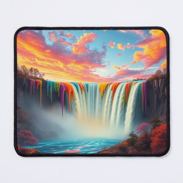 Item preview, Rainbow Paint Drip Waterfall at Sunset - Surreal Fantasy Landscape Art Print designed and sold by EllDAV777.