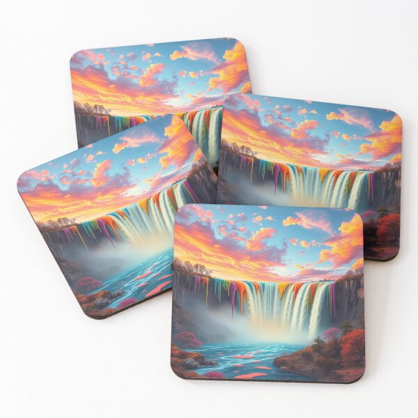 Item preview, Rainbow Paint Drip Waterfall at Sunset - Surreal Fantasy Landscape Art Print designed and sold by EllDAV777.