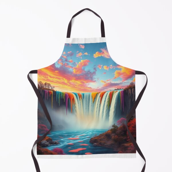 Item preview, Rainbow Paint Drip Waterfall at Sunset - Surreal Fantasy Landscape Art Print designed and sold by EllDAV777.