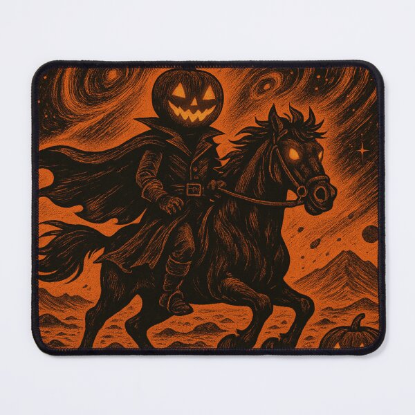 Item preview, Cosmic Headless Horseman: Pumpkin Rider in Deep Space Retro Ink Illustration designed and sold by TheHorsemanRidesAgain.