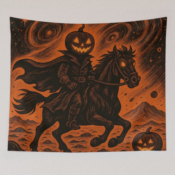 Item preview, Cosmic Headless Horseman: Pumpkin Rider in Deep Space Retro Ink Illustration designed and sold by TheHorsemanRidesAgain.