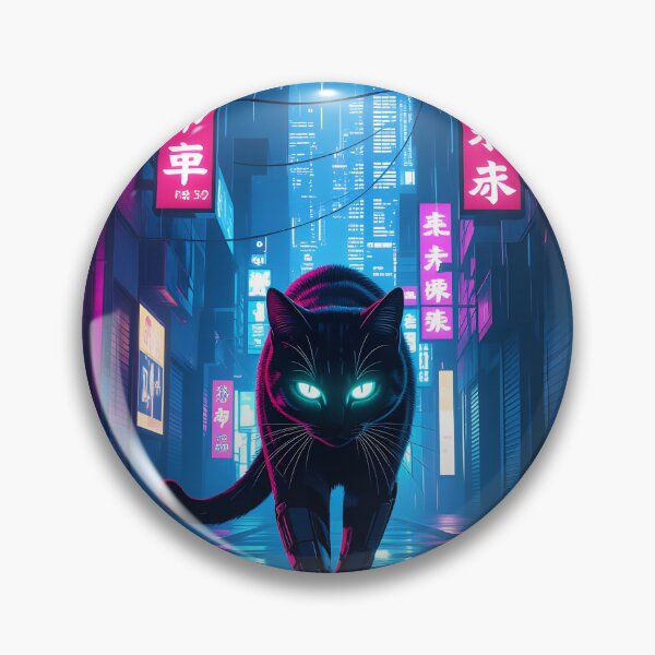 Item preview, Black Cyberpunk Cat In Neon Rainy City designed and sold by Wiss2Arts.