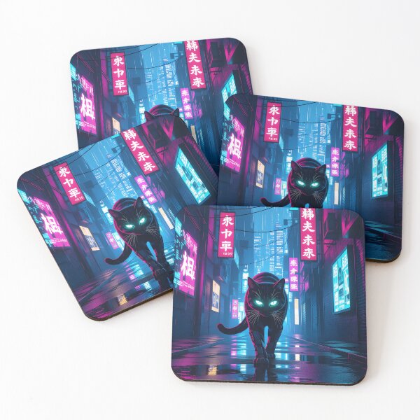 Item preview, Black Cyberpunk Cat In Neon Rainy City designed and sold by Wiss2Arts.