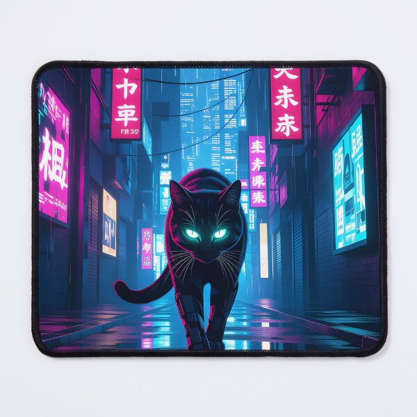Item preview, Black Cyberpunk Cat In Neon Rainy City designed and sold by Wiss2Arts.